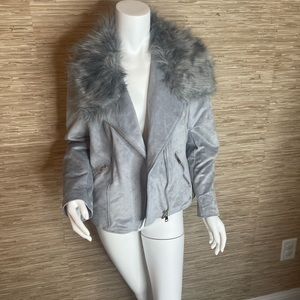 Faux suede jacket with faux fur trim
